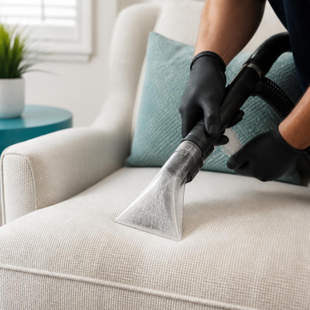 Higienização profissional de uma poltrona de tecido claro